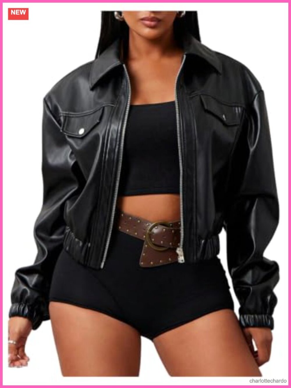 Faux Leather Moto Jacket Loose Fit Zip Up Biker Coat Faux Leather